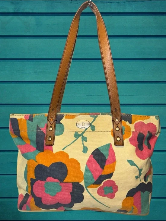 Fossil Cream Canvas Tote with Multicolor Floral Print and Brown Leather Handles - Picture 1 of 13